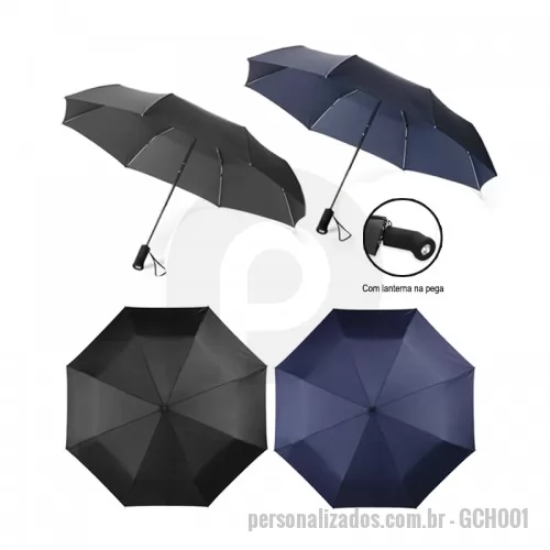Guarda chuva personalizada - Guarda-chuva dobrável em Poliéster em três secções com lanterna na pega. Abertura total: 94 cm. Fornecido em bolsa. Consultar opções de gravação.
