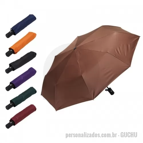 Guarda chuva personalizada - uarda-chuva automático de nylon com proteção UV, tecido interno em vinil. Com estrutura em aço e 8 varetas em fibra de vidro, possui pegador plástico com botão de ação e alça de nylon. Acompanha capa protetora.