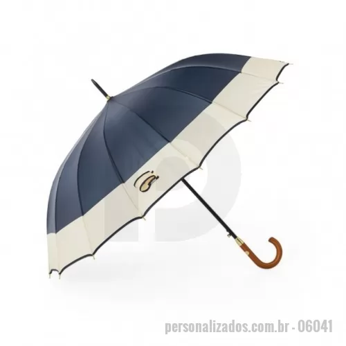 Guarda chuva personalizada - Guarda-chuva de poliéster com abertura automática, estrutura metálica com 16 varetas e pegador em madeira.