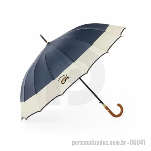 Guarda chuva personalizada - Guarda-chuva de poliéster com abertura automática, estrutura metálica com 16 varetas e pegador em madeira.  Altura :  95 cm