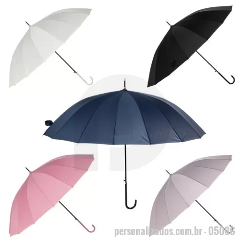 Guarda chuva personalizada - Guarda-chuva de poliéster com abertura automática, estrutura em aço e 16 varetas em fibra de vidro. Possui pegador em couro sintético com botão de acionamento.  Altura :  85,5 cm  Largura :  Pegador: 8cm  Medidas aproximadas para gravação (CxL):  15 cm x 15 cm