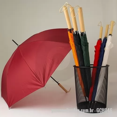 Guarda chuva personalizada - Guarda-chuva com abertura automática, estrutura em aço e 8 varetas em fibra de vidro. Possui pegador de madeira com alça de nylon e botão de acionamento.