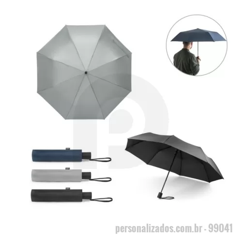 Guarda chuva personalizada - Guarda-chuva em poliéster reciclado (100% rPET) 190T pongee, com varetas em fibra de vidro e pega em PP. Guarda-chuva dobrável em 3 secções com abertura automática e à prova de vento. Fornecido em bolsa. Guarda-chuva: ø990 x 290 mm | Bolsa: ø55 x 240 mm