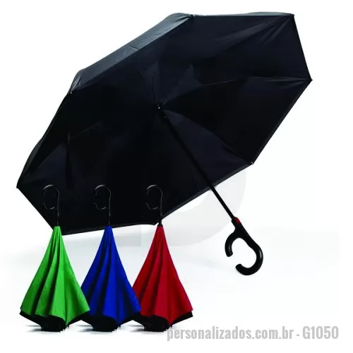 Guarda chuva personalizada - Guarda-chuva invertido com cabo plástico e haste de metal, botão acionador para abertura automática, tecido ponge chinês, seda crua Poliéster 190T Pongee, oito varetas.