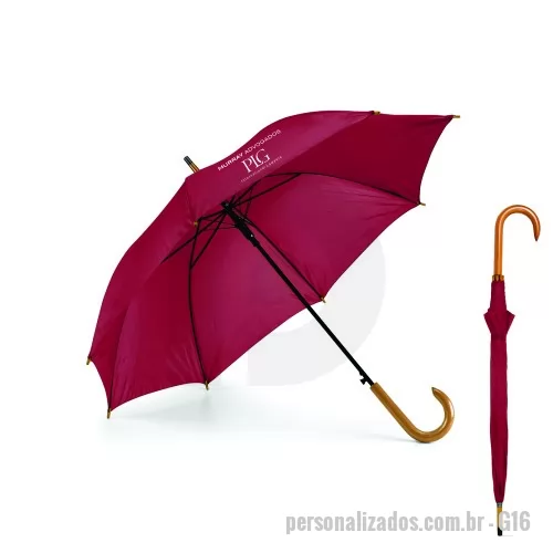 Guarda chuva personalizada - Guarda chuva 100 cm. Poliéster 190T. Pega em madeira. Abertura automática. Disponível em várias cores. Gravação da logomarca em 1 cor aplicada em 2 gomos já incluso.  Tamanho Aprox: 100 cm de envergadura