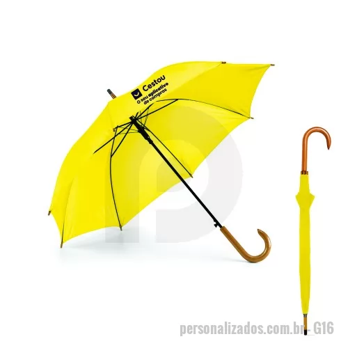 Guarda chuva personalizada - Guarda chuva 100 cm. Poliéster 190T. Pega em madeira. Abertura automática. Disponível em várias cores. Gravação da logomarca em 1 cor aplicada em 2 gomos já incluso.  Tamanho Aprox: 100 cm de envergadura.