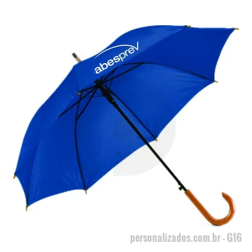 Guarda chuva personalizada - Guarda chuva 100 cm. Poliéster 190T. Pega em madeira. Abertura automática. Disponível em várias cores. Gravação da logomarca em 1 cor aplicada em 2 gomos já incluso.  Tamanho Aprox: 100 cm de envergadura