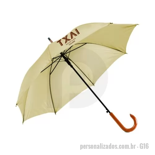 Guarda chuva personalizada - Guarda chuva 100 cm. Poliéster 190T. Pega em madeira. Abertura automática. Disponível em várias cores. Gravação da logomarca em 1 cor aplicada em 2 gomos já incluso.  Tamanho Aprox: 100 cm de envergadura.