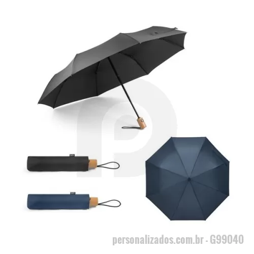 Guarda chuva personalizada - Guarda-chuva PET 190T pongee, com varetas em fibra de vidro e pega em madeira. Guarda-chuva dobrável em 3 seções, com abertura e fecho automático e à prova de vento. Fornecido em bolsa. Guarda-Chuva: ø990 x 285 mm - Bolsa: ø55 x 240 mm. 
