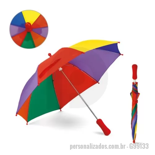 Guarda chuva personalizada - Guarda chuva para criança. Poliéster. Pega em EVA. Gravação da logomarca em 1 cor aplicada em 2 gomos já inclusa.  Tamanho Aproximado: 68 cm de envergadura