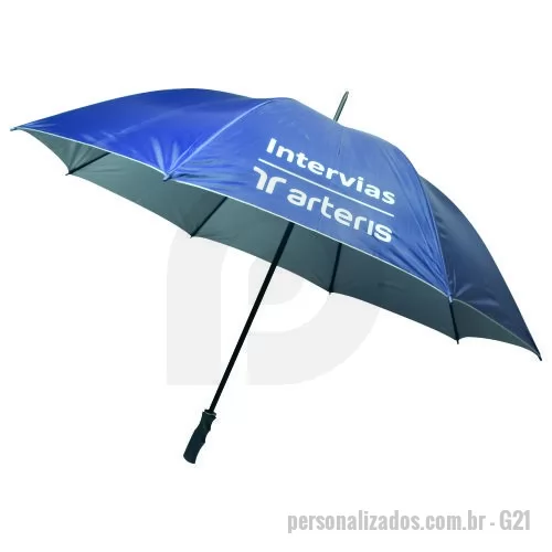 Guarda chuva personalizada - Guarda Chuva Portaria, cabo reto. Disponível em várias cores. Gravação da logomarca em 1 cor em 2 gomos já inclusa.  29  X 8 varetas duplas. Tamanho: Aprox. 140/150 cm de envergadura.