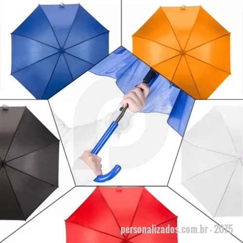 Guarda chuva personalizada - Guarda-chuva com tecido de nylon e abertura automática, basta acionar o botão inferior. Possui 8 varetas pretas de aço, pegador e bico superior de plástico.