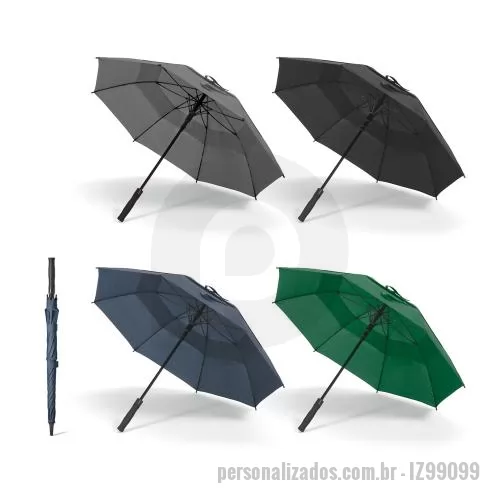 Guarda chuva personalizada - Guarda-chuva em poliéster 100% reciclado 190T, com varetas em fibra de vidro e pega em ABS reciclado. Guarda-chuva com abertura automática e à prova de vento. Fornecido em bolsa de poliéster reciclado. ø1055 x 840 mm