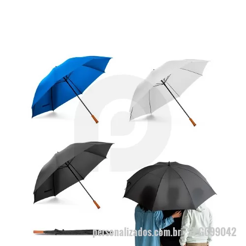Guarda chuva personalizada - Guarda-chuva Para Brindes, fabricado em material 190T pongee, com varetas e haste em fibras de vidro e pega em madeira para conforto, com o tamanho de 1375 x 855 mm