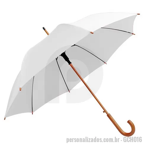 Guarda chuva personalizada - Guarda-chuva automático personalizado é um brinde elegante e de alta qualidade, ideal para surpreender clientes. Feito em tecido Pongee com secagem rápida, evita manchas e mofo. Conta com armação galvanizada, cabo curvo e varão de madeira. Disponível em diversas cores exclusivas para personalização. Compre conosco a partir de 1 unidade.