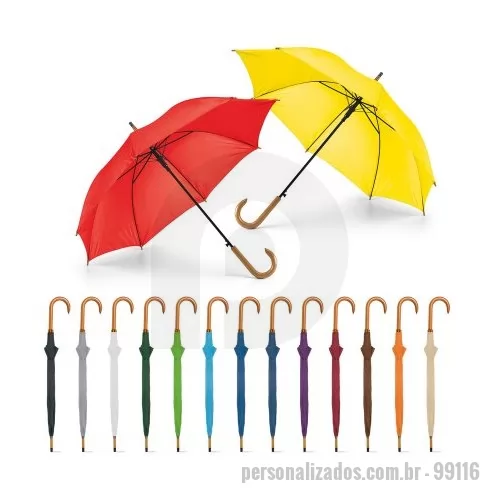 Guarda chuva personalizada - Guarda-chuva em poliéster 190T com haste em metal, pega em madeira e abertura automática. ø1040 x 885 mm  Caixa exterior (m): 1,110x0,160x0,375 Peso da caixa (Kg.): 18.200 Peso do Produto (g.): 347 Caixa Exterior (Un.): 50 Caixa interior (Un.): 10 NCMS: 6601.91.10 Packing individual: Pega: plástico bolha Certificados: REACH País de origem: China