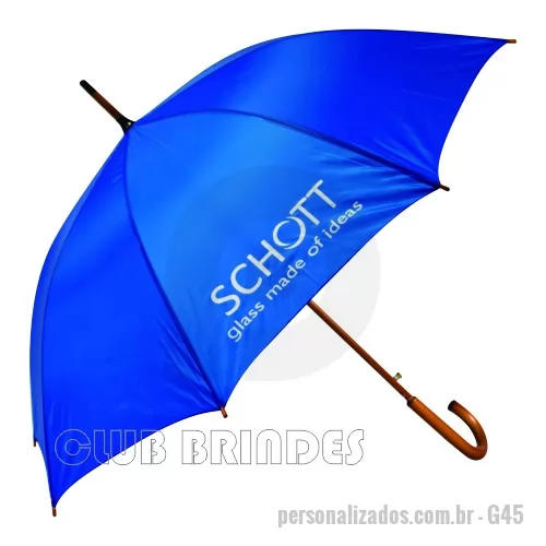 Guarda chuva personalizada - Guarda Chuva Colonial longo, nylon especial liso, cabo curvo em madeira, automático. Disponível em várias cores. Gravação da logomarca em 1 cor em 2 gomos já inclusa.  23  X 8 varetas. Tamanho: 120 cm de envergadura.