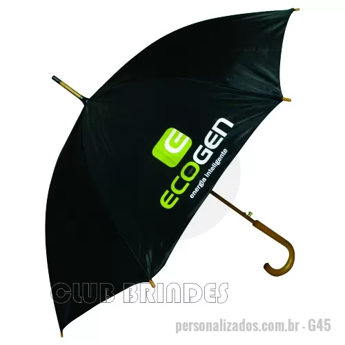 Guarda chuva personalizada - Guarda Chuva Colonial longo, nylon especial liso, cabo curvo em madeira, automático. Disponível em várias cores. Gravação da logomarca em 1 cor em 2 gomos já inclusa.  23  X 8 varetas. Tamanho: 120 cm de envergadura.