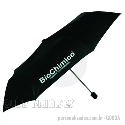 Guarda chuva personalizada - Guarda Chuva Sombrinha Dobrável, cabo plástico. Disponível na cor Preta. Gravação da logomarca em 1 cor em 2 gomos já inclusa.  Tamanho: Aproximadamente 105 cm de diâmetro.