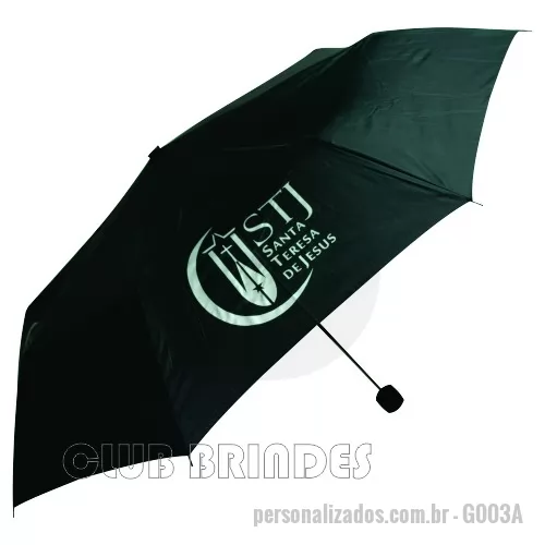 Guarda chuva personalizada - Guarda Chuva Sombrinha Dobrável, cabo plástico. Disponível na cor Preta. Gravação da logomarca em 1 cor em 2 gomos já inclusa.  Tamanho: Aproximadamente 105 cm de diâmetro.