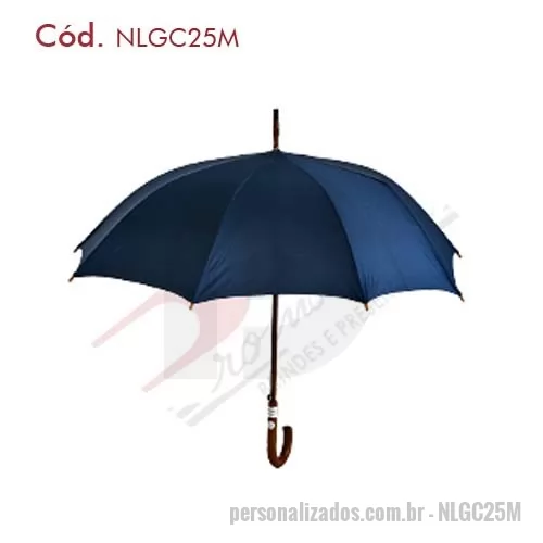 Guarda chuva personalizada - Guarda Chuva Automático Cabo Bengala, Varão Central e Ponteira em Madeira Modelo Colonial Importado (J25 prata interno ou J25M ) medindo 1,20 metros de diâmetro com 8 gomos, cabo, varão central e ponteiras da armação em madeira envernizado, armação em varetas em aço com acabamento cromado ou pintura epóxi, cobertura em tecido de nylon resinado disponível em cores ou com a combinação destas ( sob consulta ) e logotipo estampado em silk.