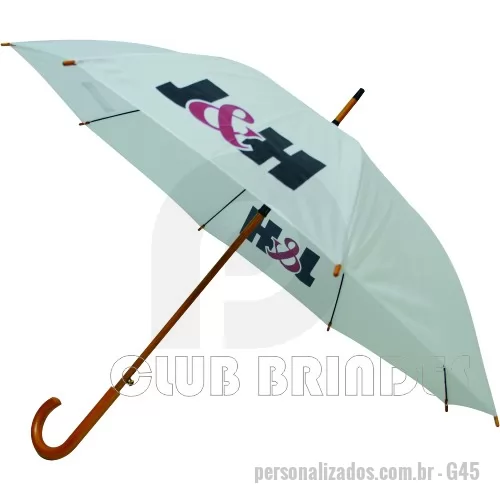 Guarda chuva personalizada - Guarda Chuva Colonial longo, nylon especial liso, cabo curvo em madeira, automático. Disponível em várias cores. Gravação da logomarca em 1 cor em 2 gomos já inclusa.  23  X 8 varetas. Tamanho: 120 cm de envergadura.