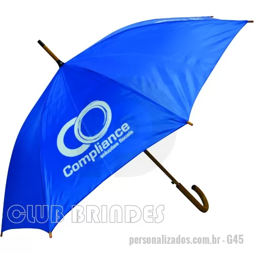 Guarda chuva personalizada - Guarda Chuva Colonial longo, nylon especial liso, cabo curvo em madeira, automático. Disponível em várias cores. Gravação da logomarca em 1 cor em 2 gomos já inclusa.  23  X 8 varetas. Tamanho: 120 cm de envergadura.