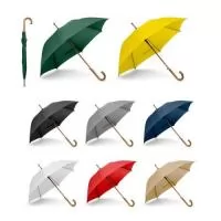 Guarda-chuva em 190T pongee com abertura automática. Varetas em fibra de vidro e pega e haste em madeira.