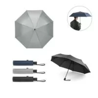 Guarda-chuva em poliéster reciclado (100% rPET) 190T pongee, com varetas em fibra de vidro e pega em PP. Guarda-chuva dobrável em 3 secções com abertura automática e à prova de vento. Fornecido em bolsa. Guarda-chuva: ø990 x 290 mm | Bolsa: ø55 x 240 mm