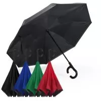 O guarda-chuva possui cabo em plástico no formato C, haste em metal e sistema de abertura automática acionado por botão. A cobertura é confeccionada em tecido ponge chinês, também denominado seda crua poliéster 190T Pongee, e conta com oito varetas de sustentação.  A estrutura é composta por dupla camada com armação oculta, o que evita o contato direto com as hastes. O tecido interno é equipado com sistema de ventilação à prova de vento, que permite a passagem controlada de ar, reduzindo a pressão sobre a cobertura.  O modelo apresenta abertura e fechamento invertidos em relação ao guarda-chuva convencional e possui base que possibilita sustentação vertical, permitindo que se mantenha em pé de forma independente.