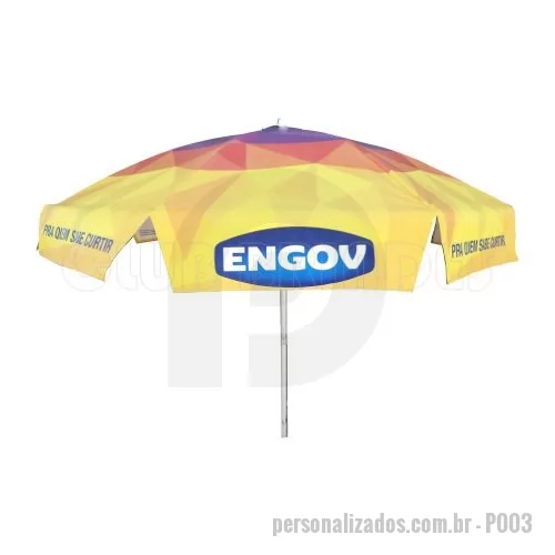 Guarda sol personalizada - Guarda Sol Ø1,60m (80x8) de diâmetro. Material: Armação em aço 1.040 a 1.070 efeito MOLA com 08 varetas Ø 3,50 a 4,00mm com acabamento em pintura  eletrostática EPOXI PÓ, haste central em alumínio trefilado com parede 08 a 1,00mm com reforço de madeira inteiriço  nas duas extremidades. Cobertura: em BAGUM (lona de PVC com trama em poliéster) de 0,28 a 0,31microns. Disponível em várias cores. Gravação da logomarca em 1 cor aplicada em 4 gomos já inclusa.