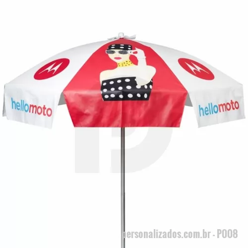 Guarda sol personalizada - Guarda Sol Personalizado com haste central em tubo de alumínio com reforço de madeira interiça. Disponível em várias cores. Gravação da logomarca em 1 cor aplicada em 4 gomos já inclusa.