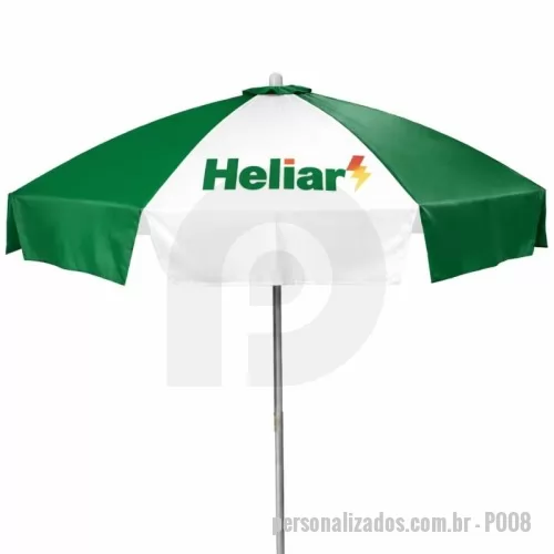 Guarda sol personalizada - Guarda Sol Personalizado com haste central em tubo de alumínio com reforço de madeira interiça. Disponível em várias cores. Gravação da logomarca em 1 cor aplicada em 4 gomos já inclusa.
