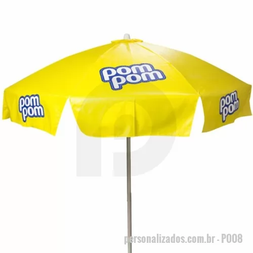 Guarda sol personalizada - Guarda Sol Personalizado com haste central em tubo de alumínio com reforço de madeira interiça. Disponível em várias cores. Gravação da logomarca em 1 cor aplicada em 4 gomos já inclusa.