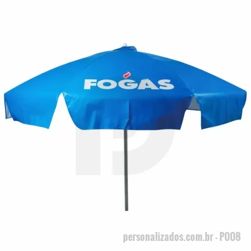 Guarda sol personalizada - Guarda Sol Personalizado com haste central em tubo de alumínio com reforço de madeira interiça. Disponível em várias cores. Gravação da logomarca em 1 cor aplicada em 4 gomos já inclusa.