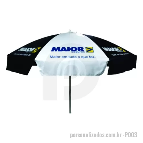 Guarda sol personalizada - Guarda Sol Personalizado com haste central em tubo de alumínio com reforço de madeira interiça. Disponível em várias cores. Gravação da logomarca em 1 cor aplicada em 4 gomos já inclusa.