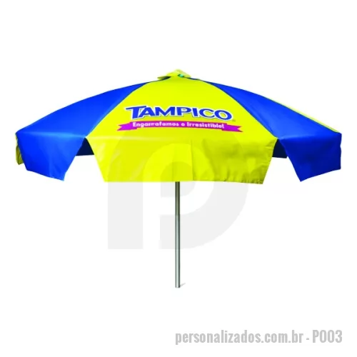 Guarda sol personalizada - Guarda Sol Personalizado com haste central em tubo de alumínio com reforço de madeira interiça. Disponível em várias cores. Gravação da logomarca em 1 cor aplicada em 4 gomos já inclusa.