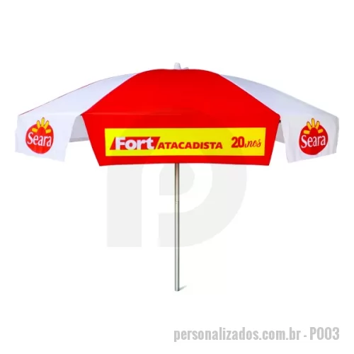Guarda sol personalizada - Guarda Sol Personalizado com haste central em tubo de alumínio com reforço de madeira interiça. Disponível em várias cores. Gravação da logomarca em 1 cor aplicada em 4 gomos já inclusa.