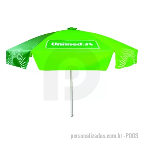 Guarda sol personalizada - Guarda Sol Personalizado com haste central em tubo de alumínio com reforço de madeira interiça. Disponível em várias cores. Gravação da logomarca em 1 cor aplicada em 4 gomos já inclusa.