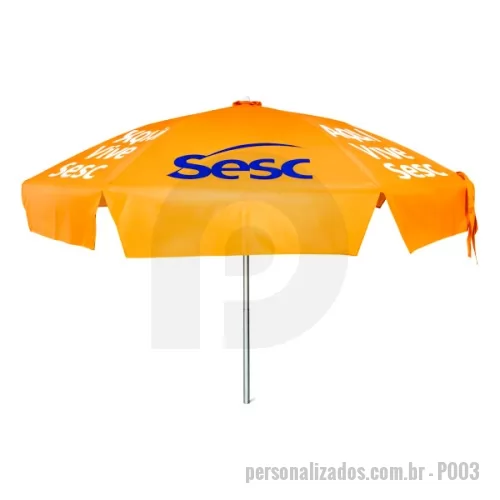 Guarda sol personalizada - Guarda Sol Personalizado com haste central em tubo de alumínio com reforço de madeira interiça. Disponível em várias cores. Gravação da logomarca em 1 cor aplicada em 4 gomos já inclusa.