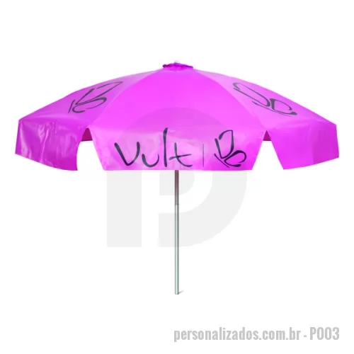 Guarda sol personalizada - Guarda Sol Personalizado com haste central em tubo de alumínio com reforço de madeira interiça. Disponível em várias cores. Gravação da logomarca em 1 cor aplicada em 4 gomos já inclusa.