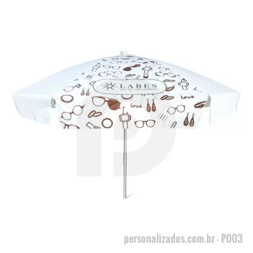Guarda sol personalizada - Guarda Sol Personalizado com haste central em tubo de alumínio com reforço de madeira interiça. Disponível em várias cores. Gravação da logomarca em 1 cor aplicada em 4 gomos já inclusa.