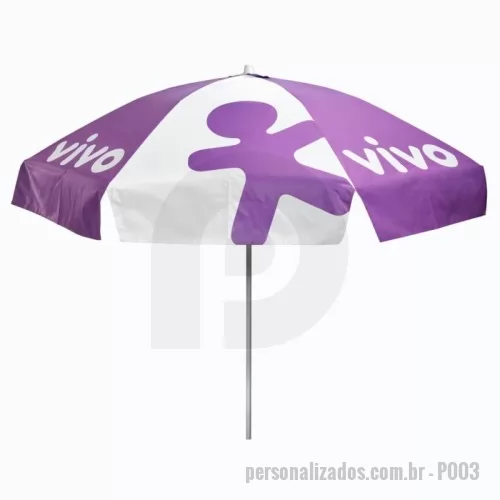 Guarda sol personalizada - Guarda Sol Personalizado com haste central em tubo de alumínio com reforço de madeira interiça. Disponível em várias cores. Gravação da logomarca em 1 cor aplicada em 4 gomos já inclusa.