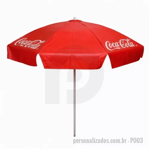 Guarda sol personalizada - Guarda Sol Personalizado com haste central em tubo de alumínio com reforço de madeira interiça. Disponível em várias cores. Gravação da logomarca em 1 cor aplicada em 4 gomos já inclusa.