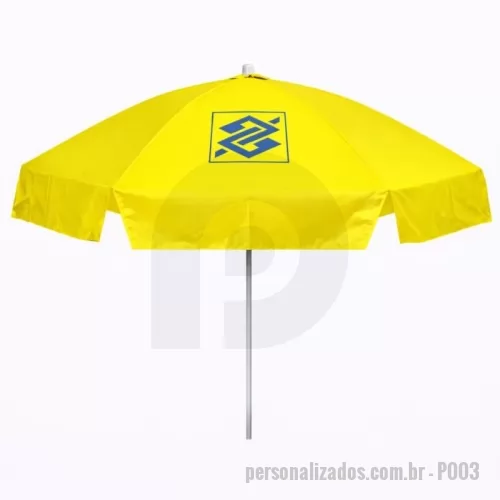 Guarda sol personalizada - Guarda Sol Personalizado com haste central em tubo de alumínio com reforço de madeira interiça. Disponível em várias cores. Gravação da logomarca em 1 cor aplicada em 4 gomos já inclusa.