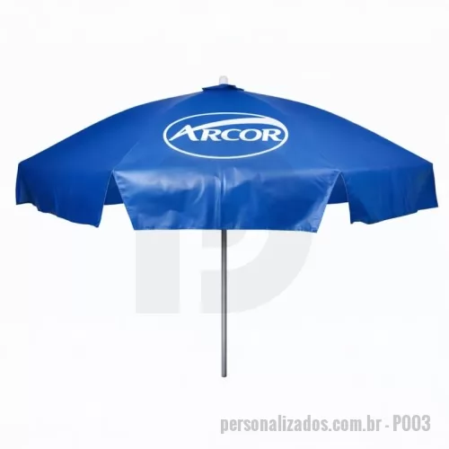 Guarda sol personalizada - Guarda Sol Personalizado com haste central em tubo de alumínio com reforço de madeira interiça. Disponível em várias cores. Gravação da logomarca em 1 cor aplicada em 4 gomos já inclusa.