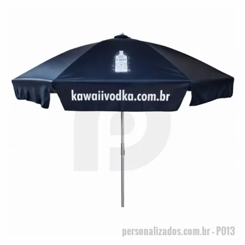 Guarda sol personalizada - Guarda Sol Personalizado com haste central em tubo de alumínio com reforço de madeira interiça. Disponível em várias cores. Gravação da logomarca em 1 cor aplicada em 4 gomos já inclusa.