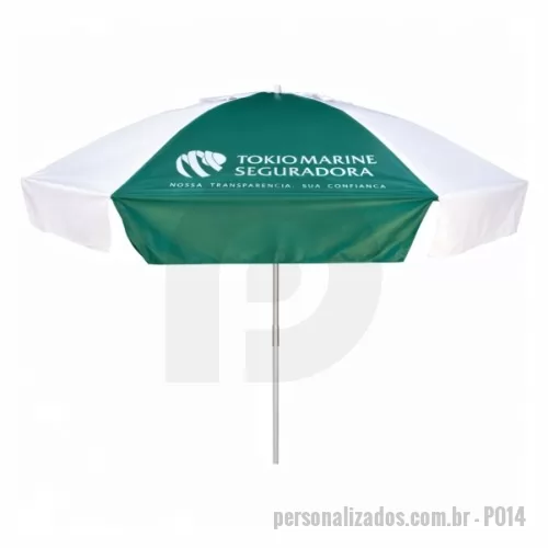 Guarda sol personalizada - Guarda Sol Personalizado com haste central em tubo de alumínio com reforço de madeira interiça. Disponível em várias cores. Gravação da logomarca em 1 cor aplicada em 4 gomos já inclusa.