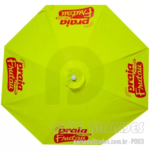 Guarda sol personalizada - Guarda Sol Ø1,60m (80x8) de diâmetro. Material: Armação em aço 1.040 a 1.070 efeito MOLA com 08 varetas Ø 3,50 a 4,00mm com acabamento em pintura  eletrostática EPOXI PÓ, haste central em alumínio trefilado com parede 08 a 1,00mm com reforço de madeira inteiriço  nas duas extremidades. Cobertura: em BAGUM (lona de PVC com trama em poliéster) de 0,28 a 0,31microns. Disponível em várias cores. Gravação da logomarca em 1 cor aplicada em 4 gomos já inclusa.