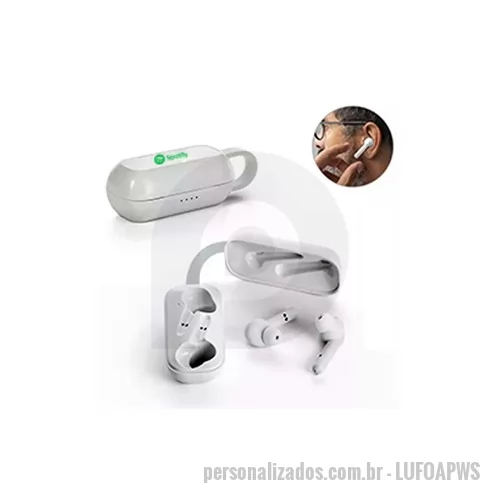 Headphone personalizado - Fone Auricular Airpod Plug Wireless stereo em ABS com transmissão por bluetooth 5.0 e tempo de reprodução de até 3 horas, o estojo de carregamento, com uma bateria de 250 mAh em ABS, contém uma presilha de silicone que permite transportar os fones de forma fácil e cômoda, vem acompanhado de cabo de carregamento micro USB. 